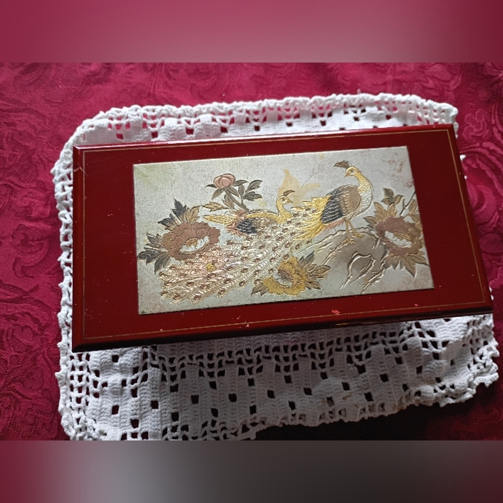 Vintage Wooden Peacock Musical Jewelry Box, Plays "The Way We Were", Red